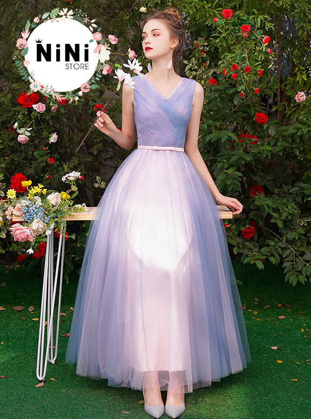 Đầm phù dâu – dự tiệc màu tím cổ chữ V-PD03D - Áo Dài NiNi